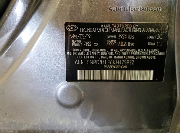 5NPD84LF8KH475922 2019 HYUNDAI ELANTRA Gray ძრავის განყოფილების ხედი