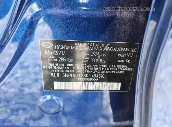 5NPD84LF8KH484510 2019 HYUNDAI ELANTRA Blue Շարժիչի բաժամունքի տեսք