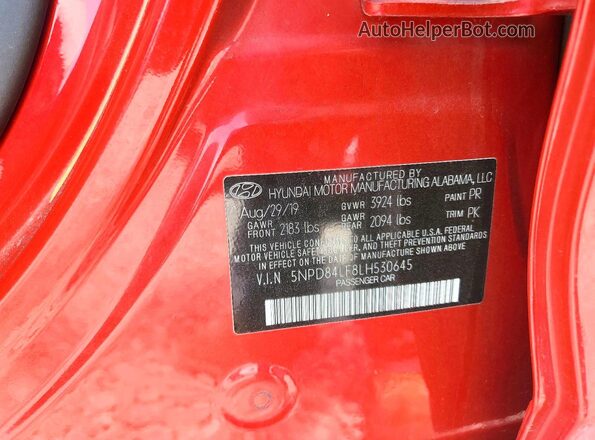5NPD84LF8LH530645 2020 HYUNDAI ELANTRA Red VIN կոդի պիտակի տեսք