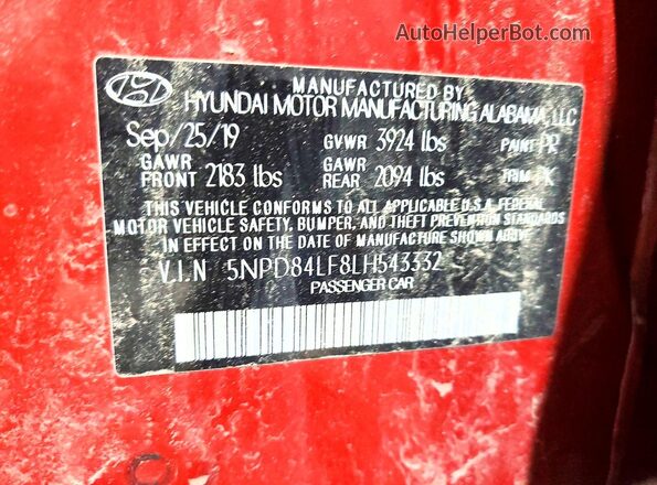 5NPD84LF8LH543332 2020 HYUNDAI ELANTRA Red VIN sticker view