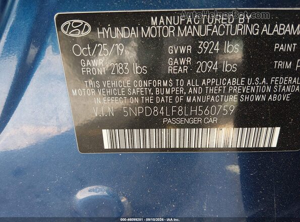 5NPD84LF8LH560759 2020 HYUNDAI ELANTRA Blue Vista del compartimento del motor