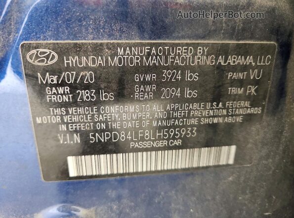 5NPD84LF8LH595933 2020 HYUNDAI ELANTRA Blue Вид наклейки з VIN-кодом