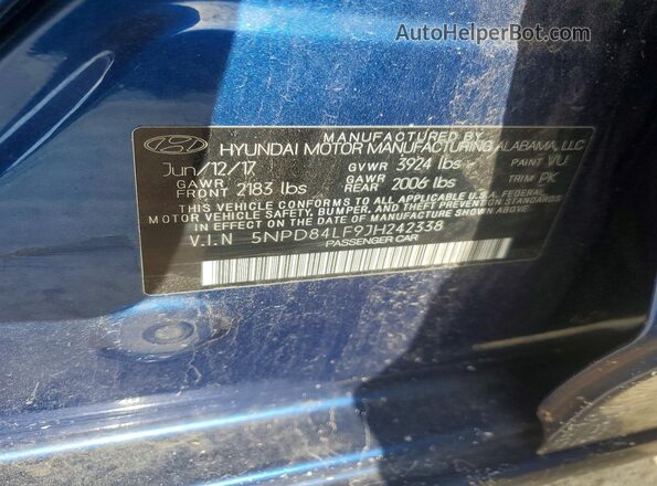 5NPD84LF9JH242338 2018 HYUNDAI ELANTRA Blue VIN կոդի պիտակի տեսք