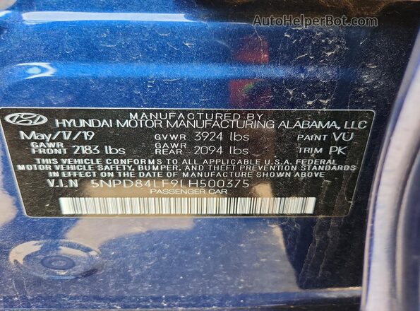 5NPD84LF9LH500375 2020 HYUNDAI ELANTRA Blue Շարժիչի բաժամունքի տեսք