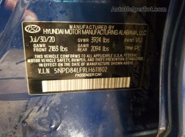 5NPD84LF9LH611802 2020 HYUNDAI ELANTRA Синий Вид наклейки с VIN-кодом