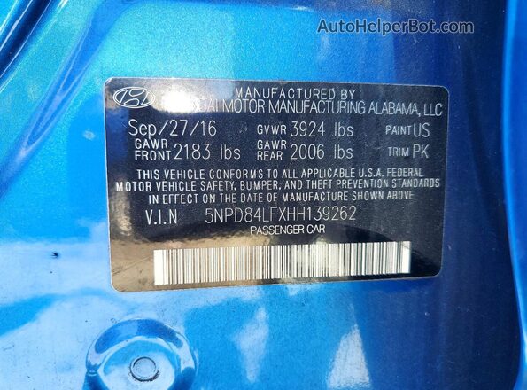 5NPD84LFXHH139262 2017 HYUNDAI ELANTRA Blue Вид наклейки з VIN-кодом