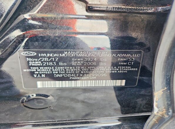5NPD84LFXJH299096 2018 HYUNDAI ELANTRA Black Вид наклейки з VIN-кодом