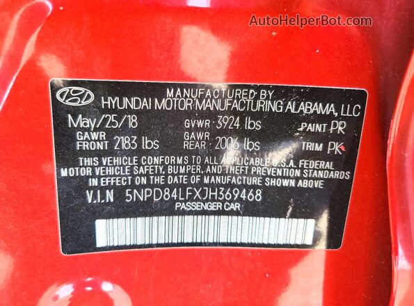 5NPD84LFXJH369468 2018 HYUNDAI ELANTRA Red Widok naklejki z numerem VIN