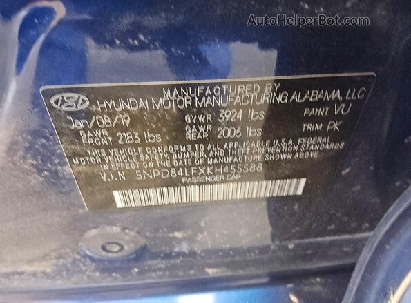 5NPD84LFXKH455588 2019 HYUNDAI ELANTRA Blue Вид підкапотного простору