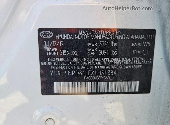 5NPD84LFXLH511384 2020 HYUNDAI ELANTRA White Vista de la etiqueta del VIN