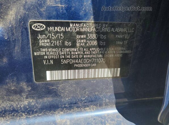 5NPDH4AE0GH711075 2016 HYUNDAI ELANTRA Blue ძრავის განყოფილების ხედი