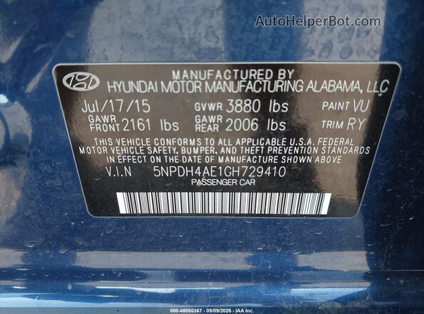 5NPDH4AE1GH729410 2016 HYUNDAI ELANTRA Blue Вид підкапотного простору