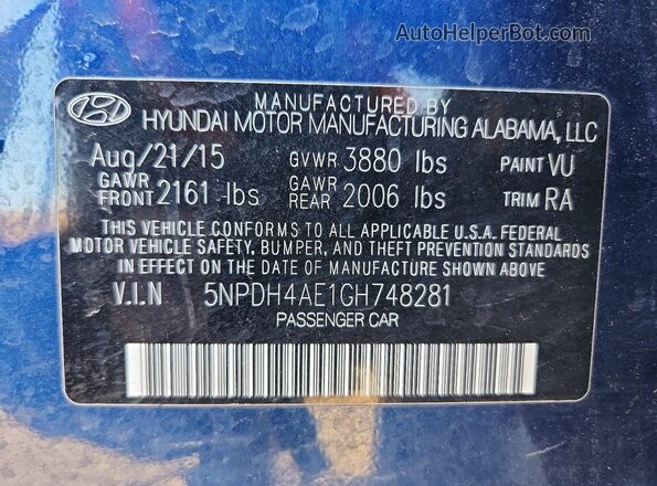 5NPDH4AE1GH748281 2016 HYUNDAI ELANTRA Синий Вид подкапотного пространства