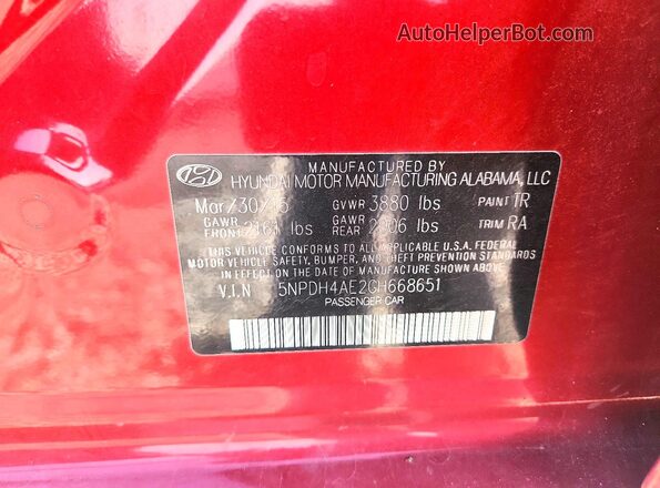5NPDH4AE2GH668651 2016 HYUNDAI ELANTRA Красный Вид подкапотного пространства