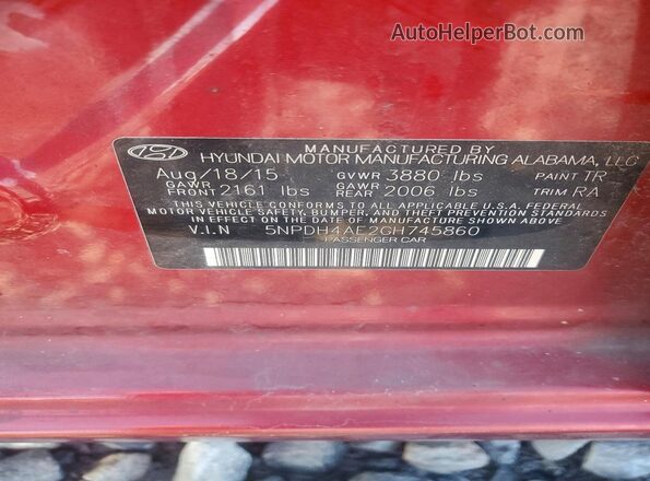 5NPDH4AE2GH745860 2016 HYUNDAI ELANTRA Red Engine compartment view