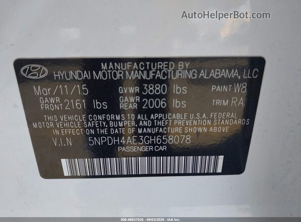 5NPDH4AE3GH658078 2016 HYUNDAI ELANTRA White Vista del compartimento del motor