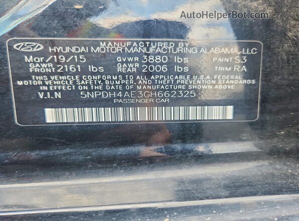 5NPDH4AE3GH662325 2016 HYUNDAI ELANTRA Black Շարժիչի բաժամունքի տեսք