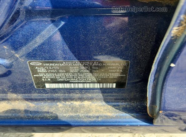 5NPDH4AE3GH743874 2016 HYUNDAI ELANTRA Blue VIN კოდის სტიკერის ხედი