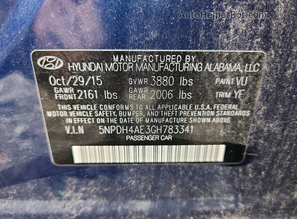 5NPDH4AE3GH783341 2016 HYUNDAI ELANTRA Blue ძრავის განყოფილების ხედი