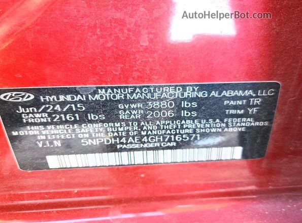 5NPDH4AE4GH716571 2016 HYUNDAI ELANTRA Red Widok naklejki z numerem VIN