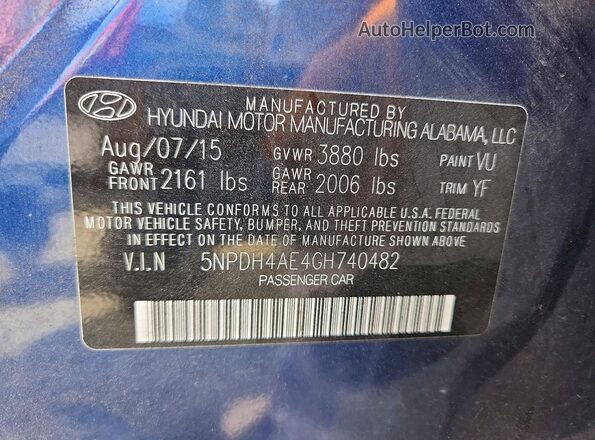 5NPDH4AE4GH740482 2016 HYUNDAI ELANTRA Blue VIN կոդի պիտակի տեսք