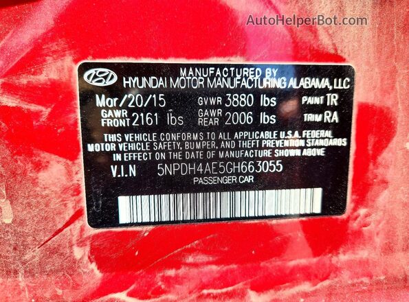 5NPDH4AE5GH663055 2016 HYUNDAI ELANTRA Red Շարժիչի բաժամունքի տեսք