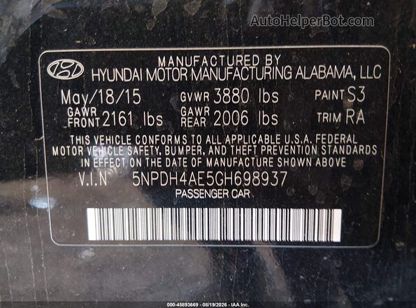 5NPDH4AE5GH698937 2016 HYUNDAI ELANTRA Black Вид підкапотного простору