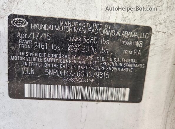 5NPDH4AE6GH679815 2016 HYUNDAI ELANTRA White VIN sticker view