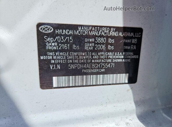 5NPDH4AE8GH755471 2016 HYUNDAI ELANTRA White VIN sticker view