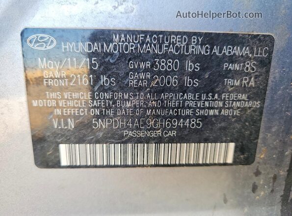 5NPDH4AE9GH694485 2016 HYUNDAI ELANTRA Silver VIN կոդի պիտակի տեսք