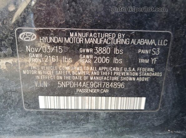 5NPDH4AE9GH784896 2016 HYUNDAI ELANTRA Black VIN კოდის სტიკერის ხედი