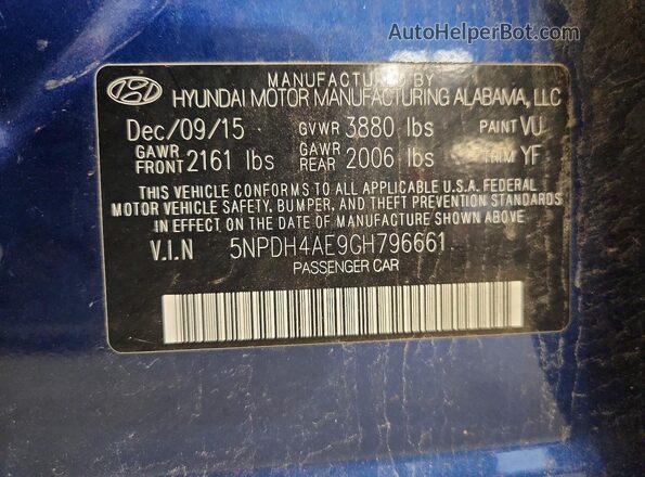 5NPDH4AE9GH796661 2016 HYUNDAI ELANTRA Blue Vista del compartimento del motor