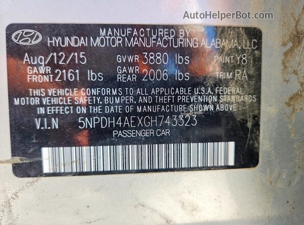 5NPDH4AEXGH743323 2016 HYUNDAI ELANTRA Silver Շարժիչի բաժամունքի տեսք