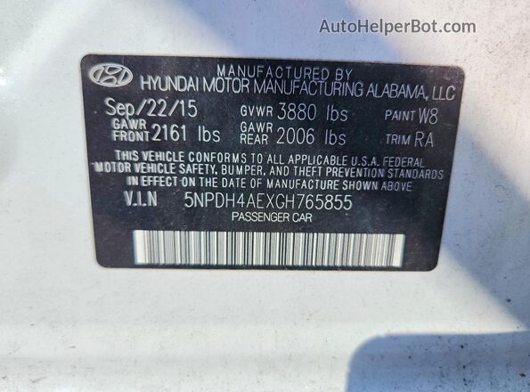 5NPDH4AEXGH765855 2016 HYUNDAI ELANTRA White Շարժիչի բաժամունքի տեսք