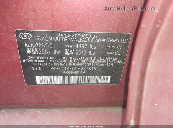5NPE24AF0GH283846 2016 HYUNDAI SONATA Бордовый Вид подкапотного пространства