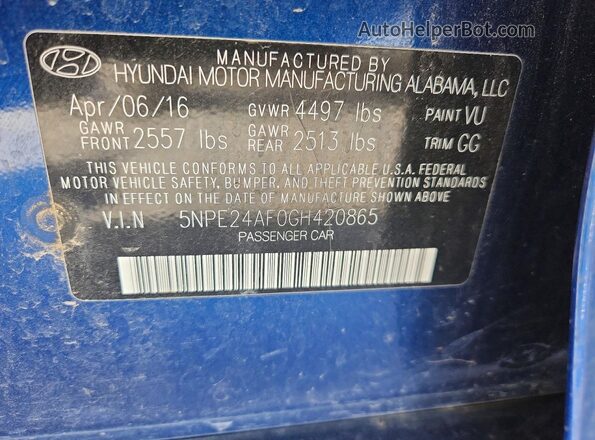 5NPE24AF0GH420865 2016 HYUNDAI SONATA Blue Vista del compartimento del motor