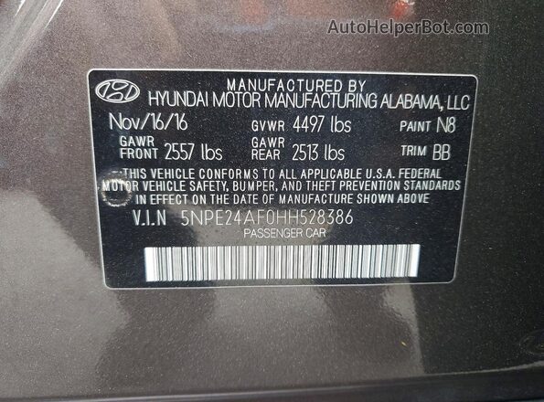 5NPE24AF0HH528386 2017 HYUNDAI SONATA Brown Vista del compartimento del motor