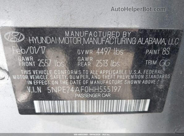 5NPE24AF0HH555197 2017 HYUNDAI SONATA Gray Engine compartment view