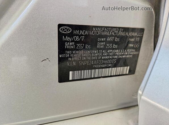 5NPE24AF0JH600175 2018 HYUNDAI SONATA Silver VIN sticker view