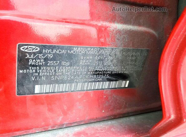 5NPE24AF0KH812575 2019 HYUNDAI SONATA Red Вид наклейки з VIN-кодом