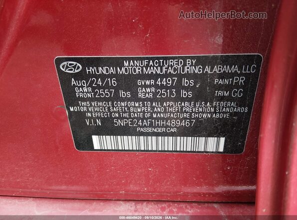5NPE24AF1HH489467 2017 HYUNDAI SONATA Red Vista del compartimento del motor