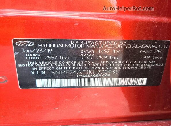 5NPE24AF1KH770935 2019 HYUNDAI SONATA Red Widok komory silnika