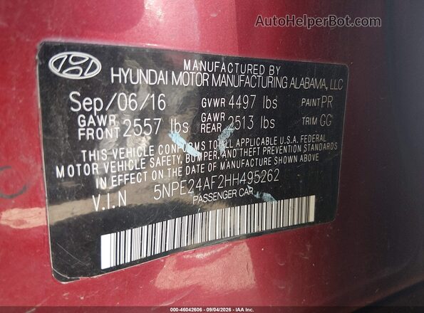 5NPE24AF2HH495262 2017 HYUNDAI SONATA Red Engine compartment view