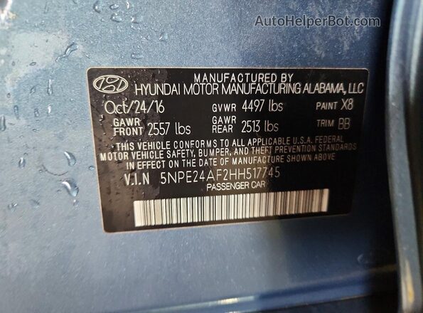 5NPE24AF2HH517745 2017 HYUNDAI SONATA Blue Widok naklejki z numerem VIN