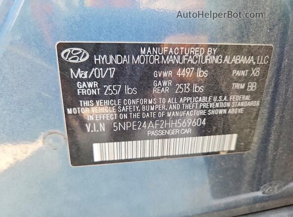5NPE24AF2HH569604 2017 HYUNDAI SONATA Blue Вид підкапотного простору