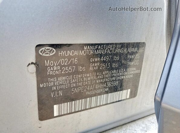 5NPE24AF4HH436598 2017 HYUNDAI SONATA Silver Вид підкапотного простору