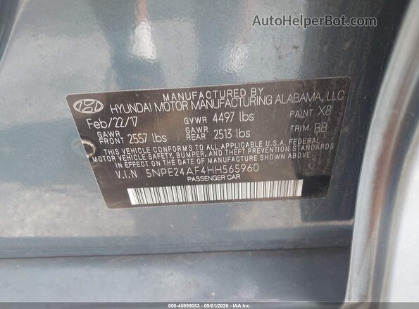 5NPE24AF4HH565960 2017 HYUNDAI SONATA Синий Вид подкапотного пространства