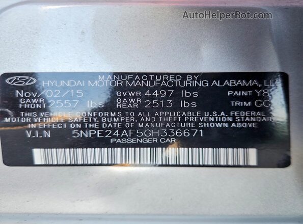 5NPE24AF5GH336671 2016 HYUNDAI SONATA Серебряный Вид подкапотного пространства