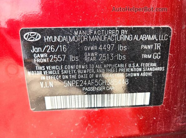 5NPE24AF5GH385448 2016 HYUNDAI SONATA Maroon Vista del compartimento del motor