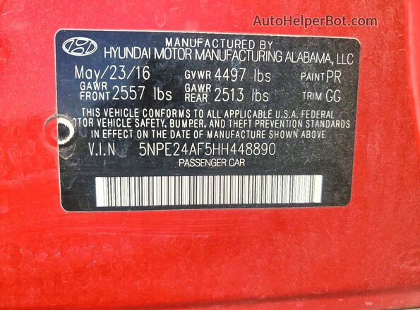 5NPE24AF5HH448890 2017 HYUNDAI SONATA Red Vista del compartimento del motor